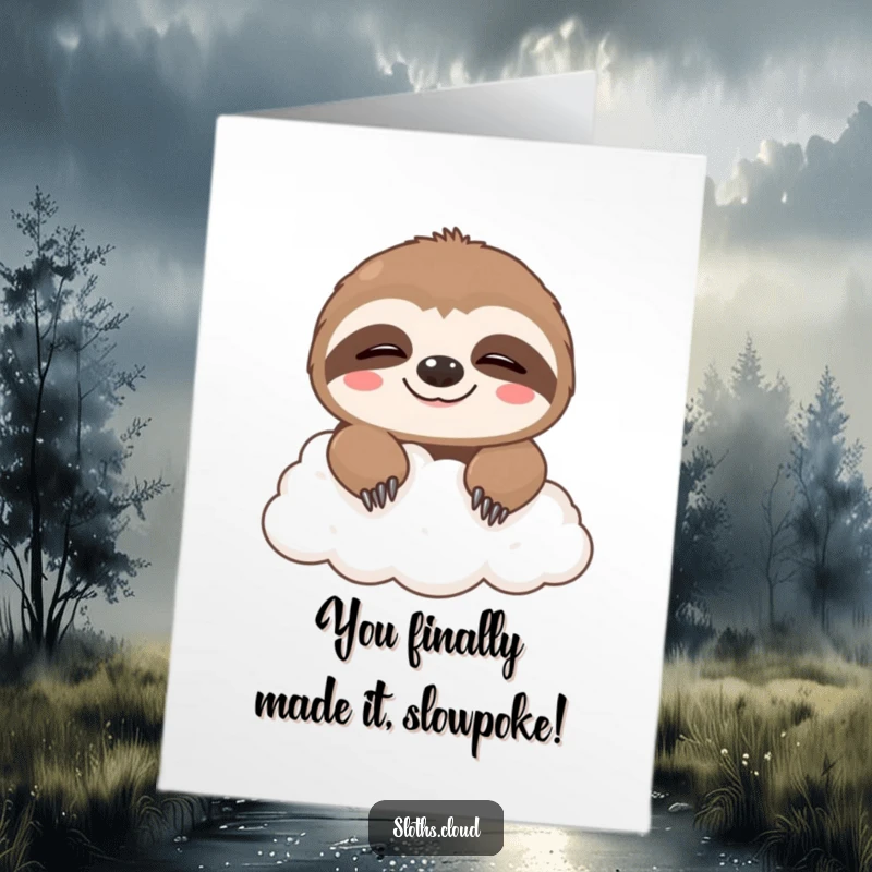 Funny Free Printable Congratulations Card: A cute sloth peeking from a cloud with a sleepy, happy grin.