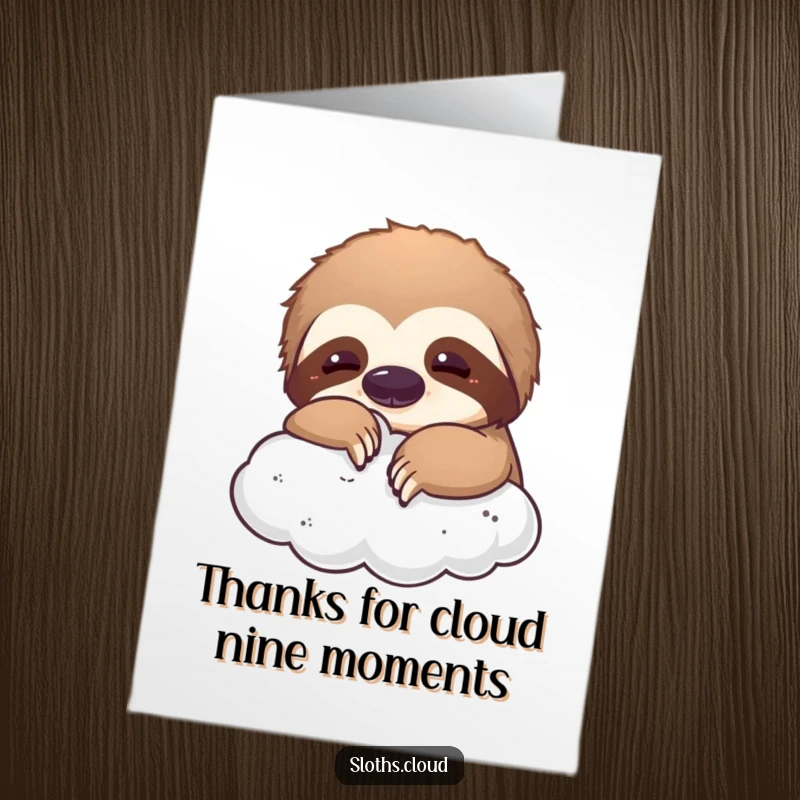 Free Printable Thank You Card: A sweet sloth playfully nudges a fluffy cloud with its nose, a gentle thank you gesture.
