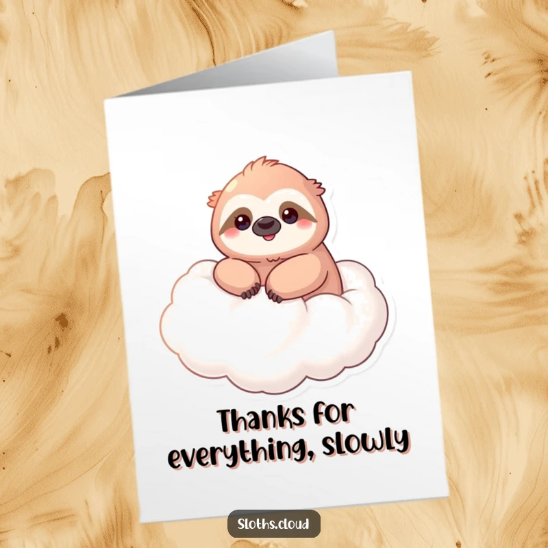 Kawaii Free Printable Thank You Card: Serene sloth smiles peacefully floating on a cloud, thanking you kindly.