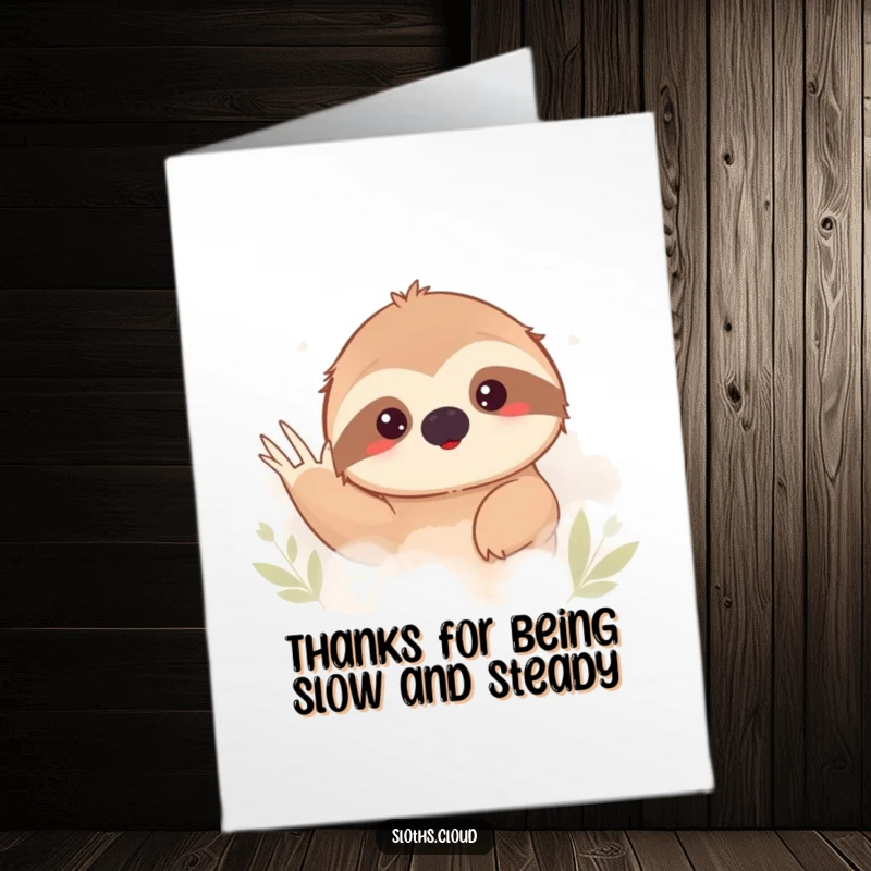 Funny Free Printable Thank You Card with a shy sloth peeking from fog, offering quiet thanks, a charming downloadable greeting.