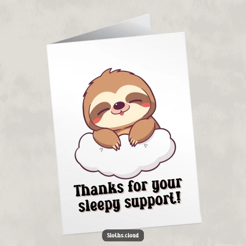 Funny Free Printable Sloth Thank You Card: A contented sloth with a sleepy grin drifts on a cloud, saying thanks.