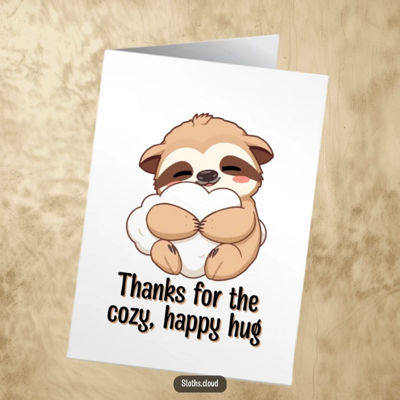 Free Printable Thank You Card: A sloth embraces a fluffy cloud with utter contentment, a warm way to say thanks, printable art.