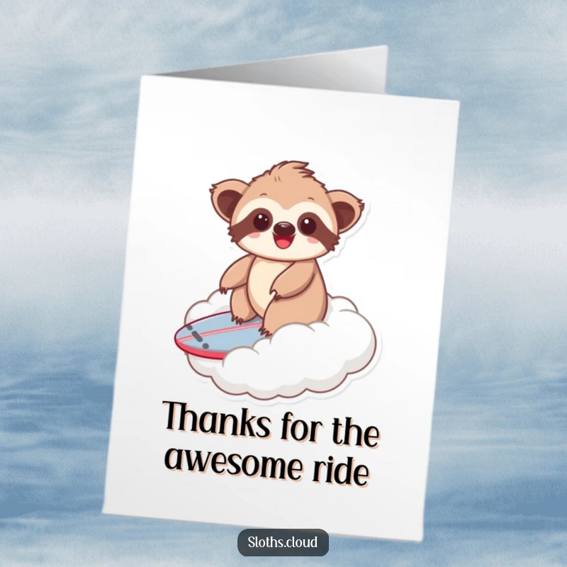 Funny free printable thank you card: Happy kawaii sloth happily surfing a soft cloud like a surfboard.