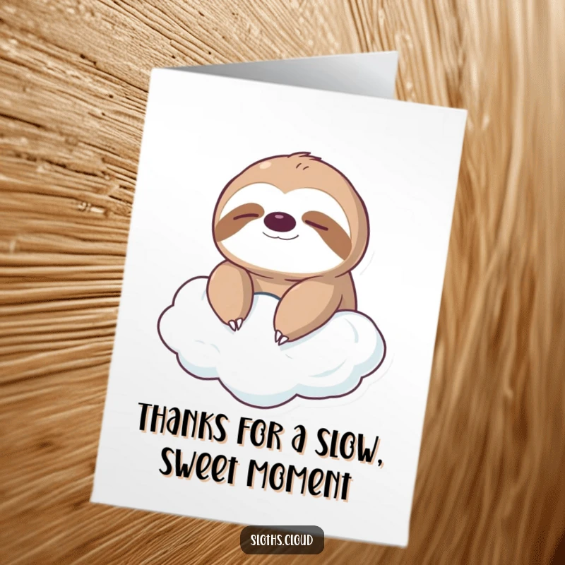 Free Printable Thank You Card: A cute, serene sloth with eyes closed rests on a cloud, a peaceful way to express thanks, printable.