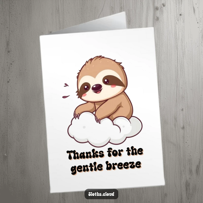 Funny Free Printable Thank You Card: A kawaii sloth lounges on a cloud, enjoying a soft, gentle breeze.