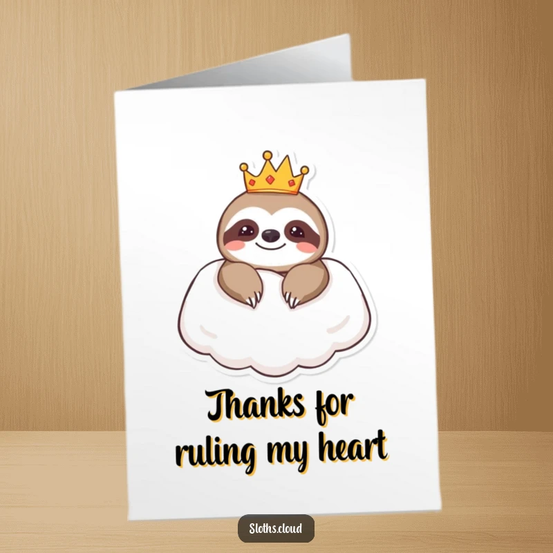 Funny Free Printable Thank You Card: A sloth wearing a small crown rests on a fluffy cloud pillow, offering thanks.