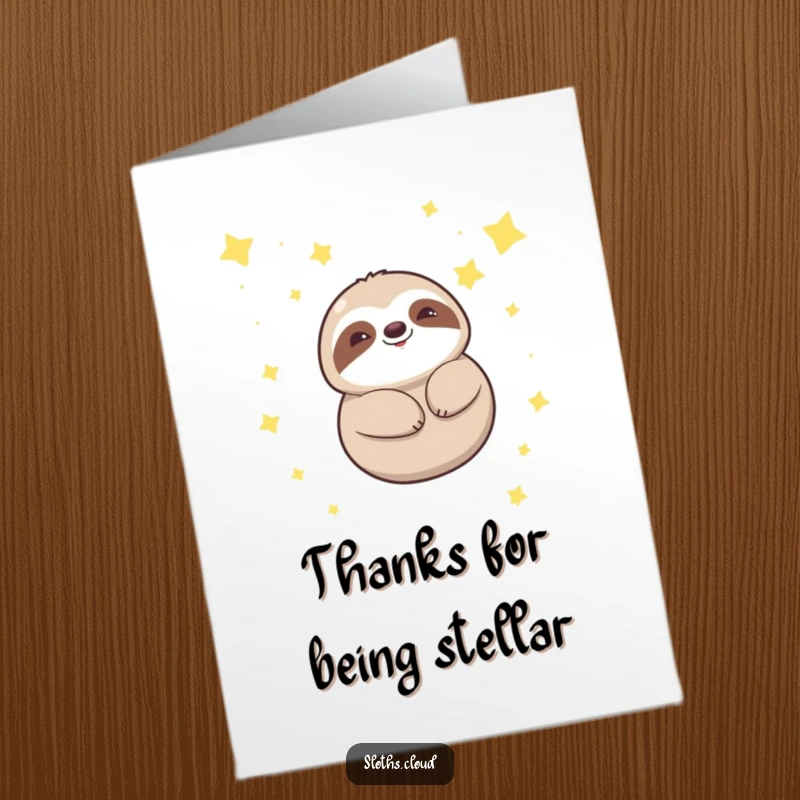 Funny free printable thank you card: Content kawaii sloth smiling serenely while floating peacefully amongst twinkling stars.