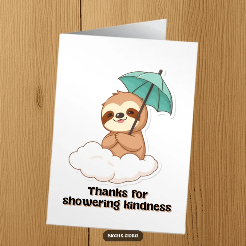 Funny Free Printable Thank You Card: Sloth on a cloud, holding a tiny umbrella, sending thanks.