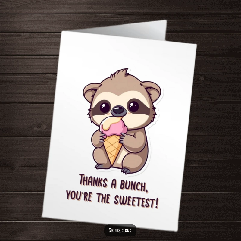 Funny Free Printable Thank You Card: Cute kawaii sloth holding a sticky melting ice cream cone, looking amused and thankful.