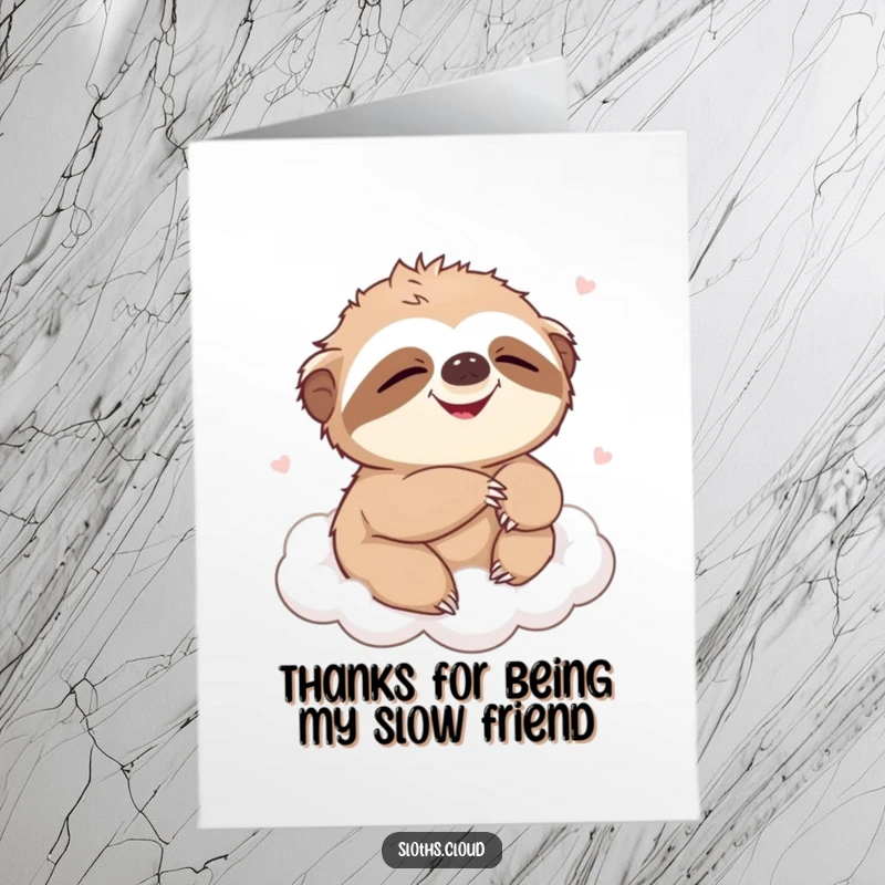 Funny Free Printable thank you card showing a happy sloth giggling softly on a cloud, feeling the breeze.