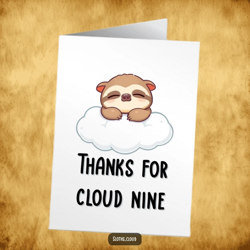 Funny Free Printable thank you card featuring a blissfully sleeping sloth resting on a soft cloud, offering peaceful appreciation.