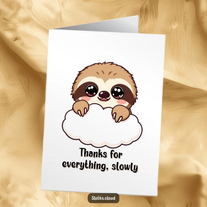 Funny Free Printable Thank You Card: A kawaii sloth with wide, expressive eyes peeking over a cloud, offering sincere and sweet gratitude.