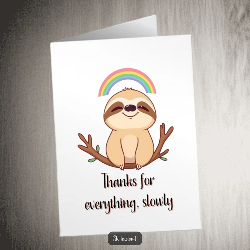 Free Printable Thank You Card: A peaceful sloth smiles contentedly while gazing at a small rainbow overhead.