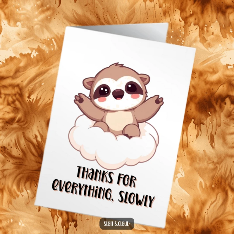 Funny Free Printable Thank You Card: A kawaii sloth waves gently from a cloud, sending sweet thanks.