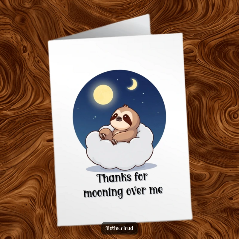 Funny Free Printable thank you card depicting a sloth sitting comfortably in a cloud armchair, gazing at the night moon.