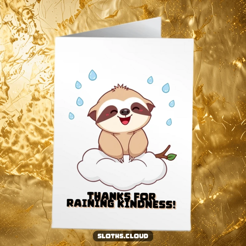 Funny Free Printable thank you card showcasing a cheerful sloth expertly juggling raindrops from a cloud, expressing heartfelt thanks.