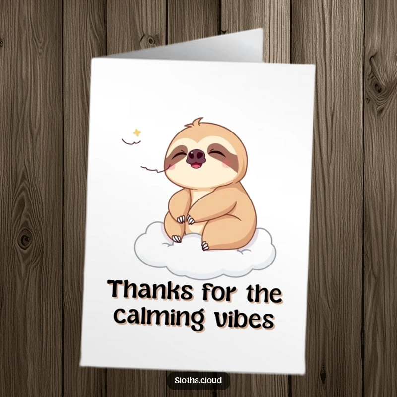 Funny Free Printable Sloth Thank You Card: A tranquil sloth feeling a gentle breeze on a cloud, conveying thanks with peaceful charm.