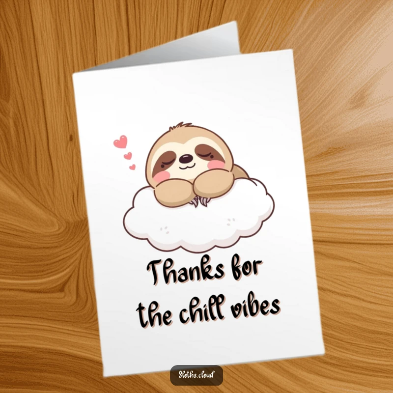 Funny free printable thank you card: Content kawaii sloth napping peacefully on a cloud, sighing happily.