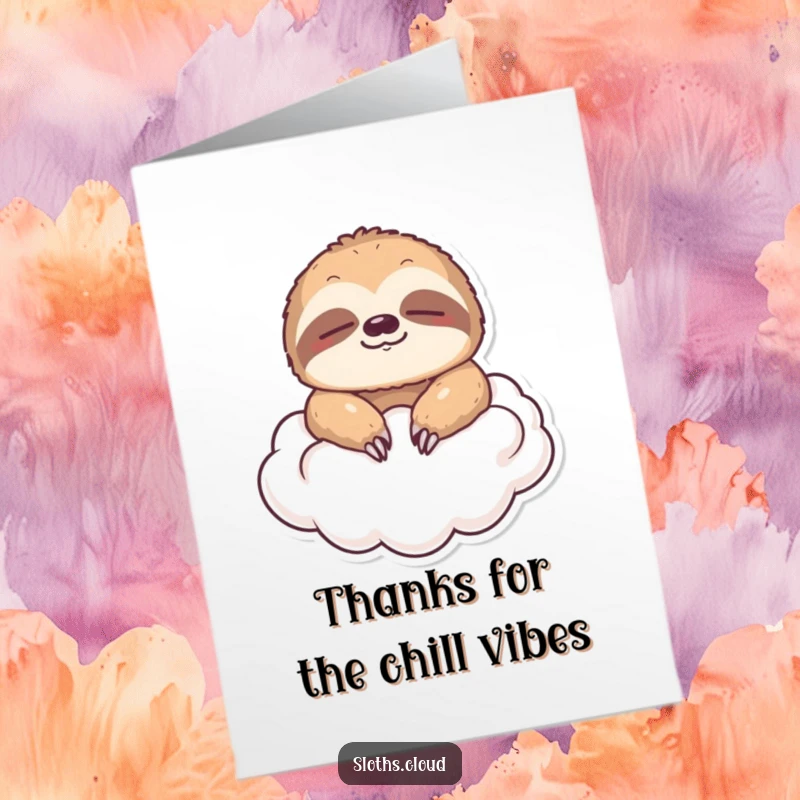Funny Free Printable Thank You Card: A sloth with closed eyes floats serenely on a soft cloud, showing thanks.