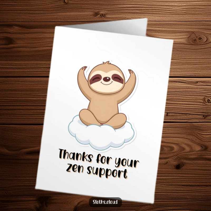 Funny Free Printable Thank You Card: Sloth in a yoga pose on a cloud, conveying peaceful thanks.
