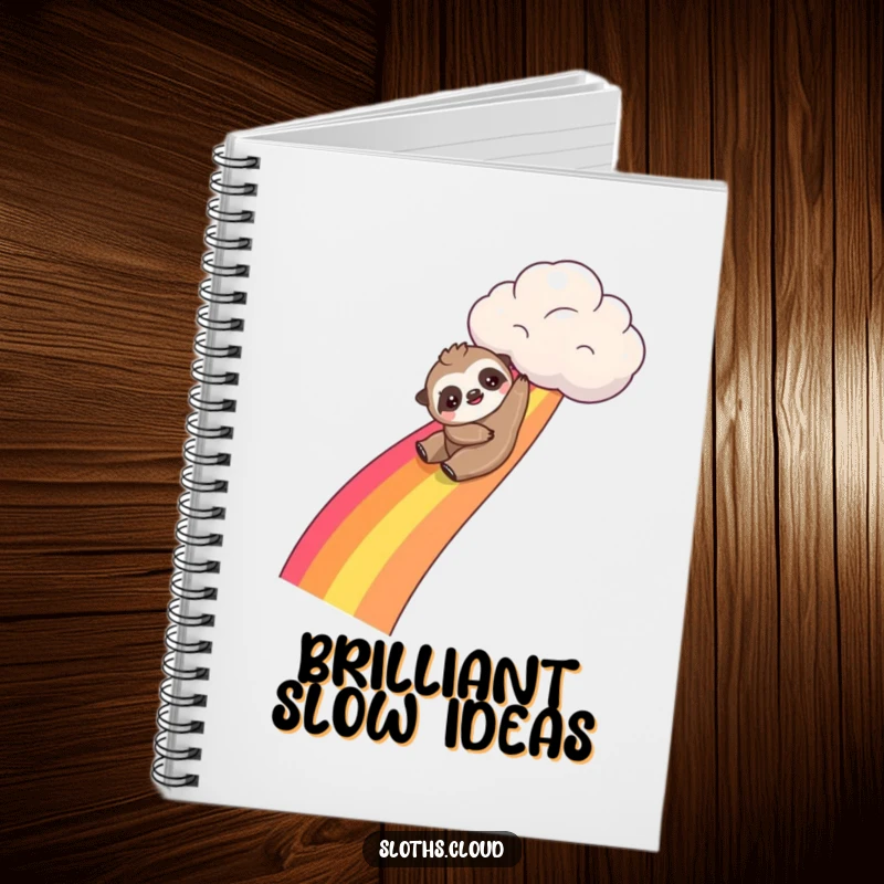 Funny kawaii sloth notebook with a cute sloth sliding down a rainbow, perfect for journaling adventurous thoughts and creative ideas.