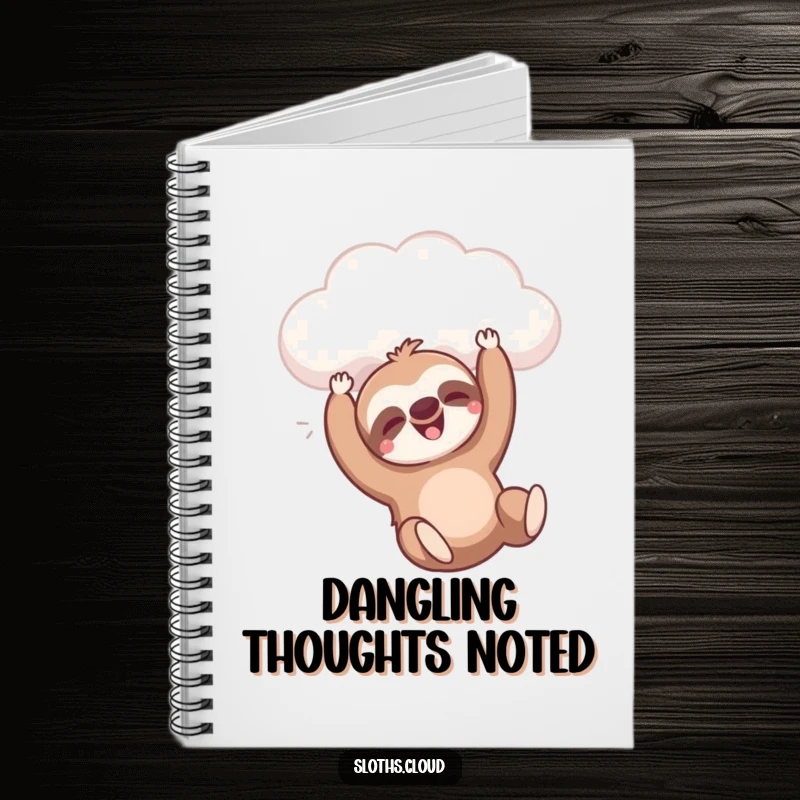 Funny notebook with a sloth happily dangling from a cloud, ideal funny gift for writers.