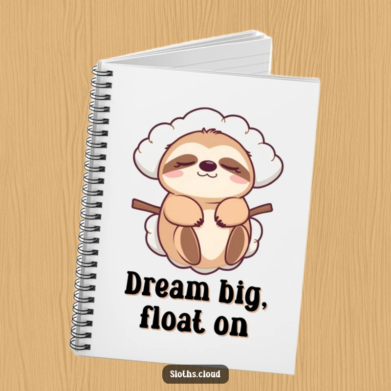 Funny sloth notebook, eyes closed, carried by a cloud. A humorous journal for jotting down ideas with a relaxed, unhurried approach.