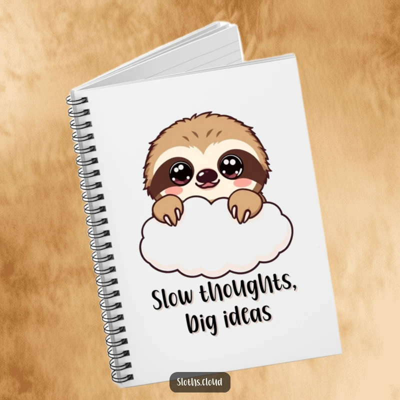 Funny kawaii sloth notebook with a cute sloth peeking over a cloud, perfect for writing sweet thoughts.