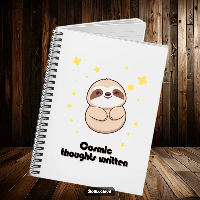 Funny kawaii sloth notebook with a cute sloth floating amongst stars, perfect for journaling peaceful thoughts and creative ideas.
