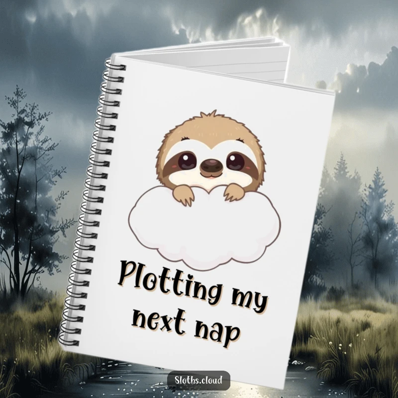 Funny sloth notebook, curious eyes peeking from behind a cloud. A humorous journal for recording observations and creative thoughts.