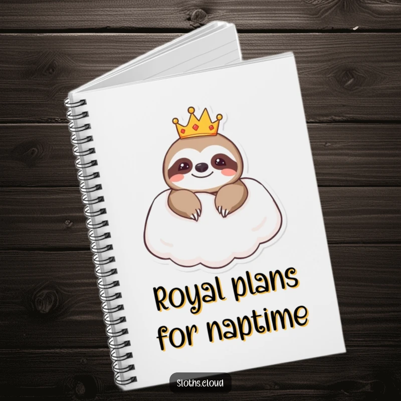 Funny notebook with a sloth wearing a crown, resting on a cloud pillow, perfect for jotting down royal or humorous ideas.