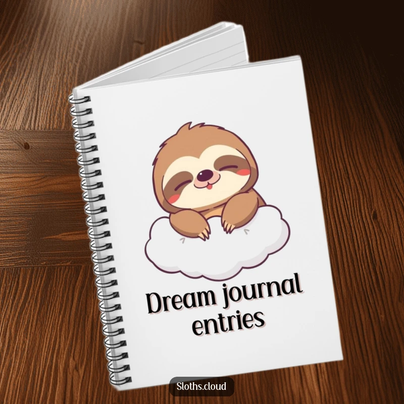 Funny notebook with a sloth's wide, sleepy grin as it drifts on a cloud, great for jotting down happy thoughts.
