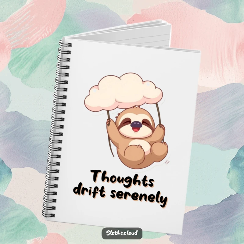 Funny sloth character gently swinging from a cloud, with space for notes, making for a humorous and relaxing notebook cover.