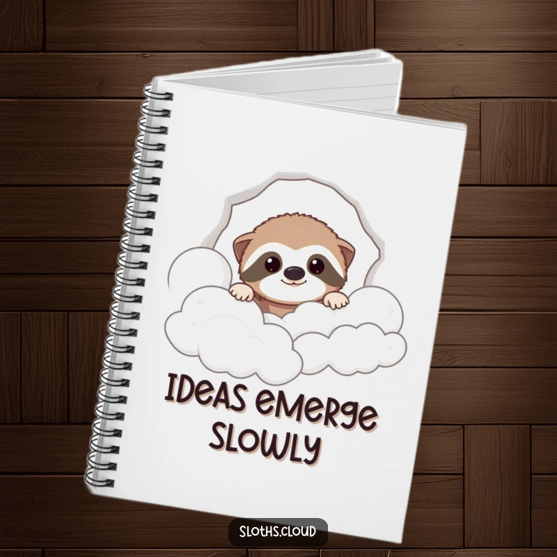 Funny notebook with a sloth peeking from clouds, ideal for jotting notes with a touch of humor and personality.