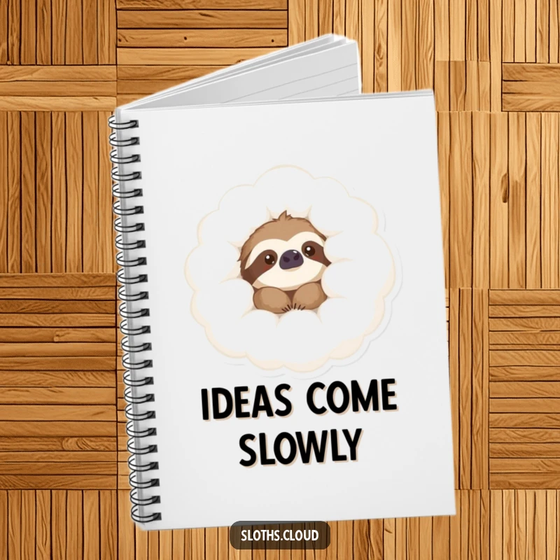 Funny Notebook with a content sloth peeking from a soft cloud, designed for jotting down thoughts with a humorous touch.