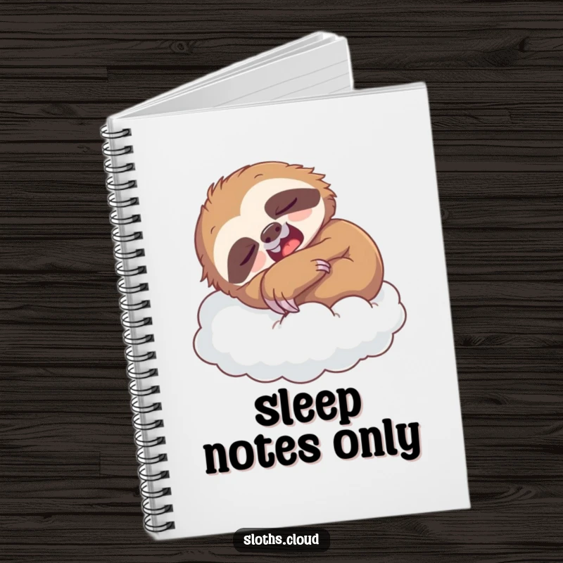 Funny notebook featuring a yawning sloth napping on a cloud, perfect for jotting down notes and sleepy ideas.