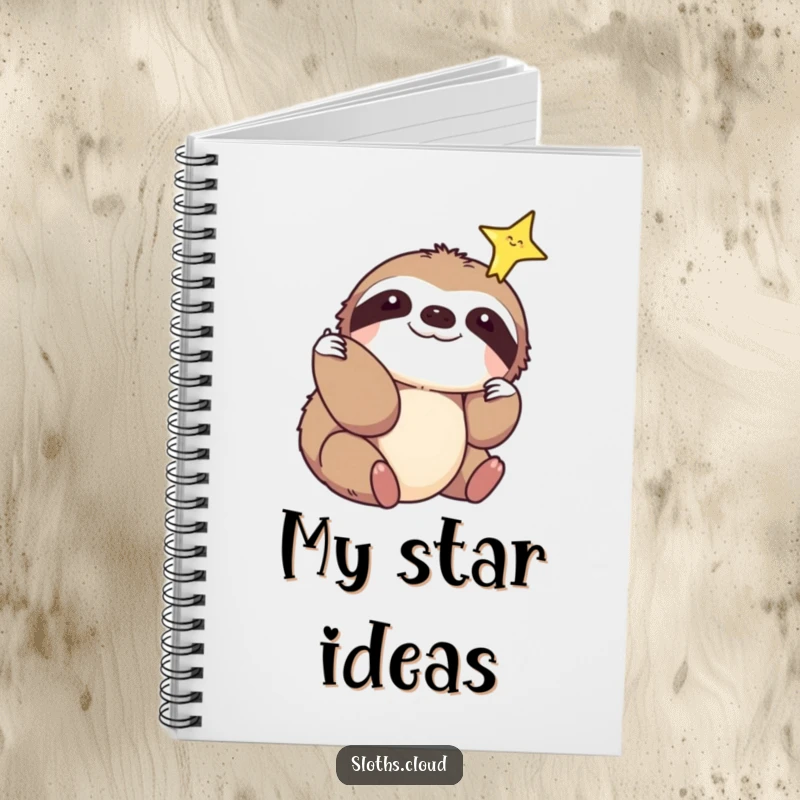 Funny notebook with a sloth reaching out to touch a sparkling star, ideal for jotting down dreams with gentle humor.