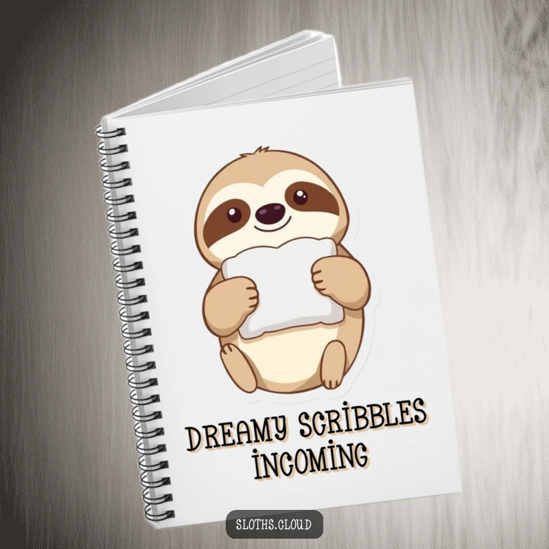 Funny Notebook: A sloth drifts through the air holding a tiny, fluffy pillow, ideal for jotting down sleepy thoughts.