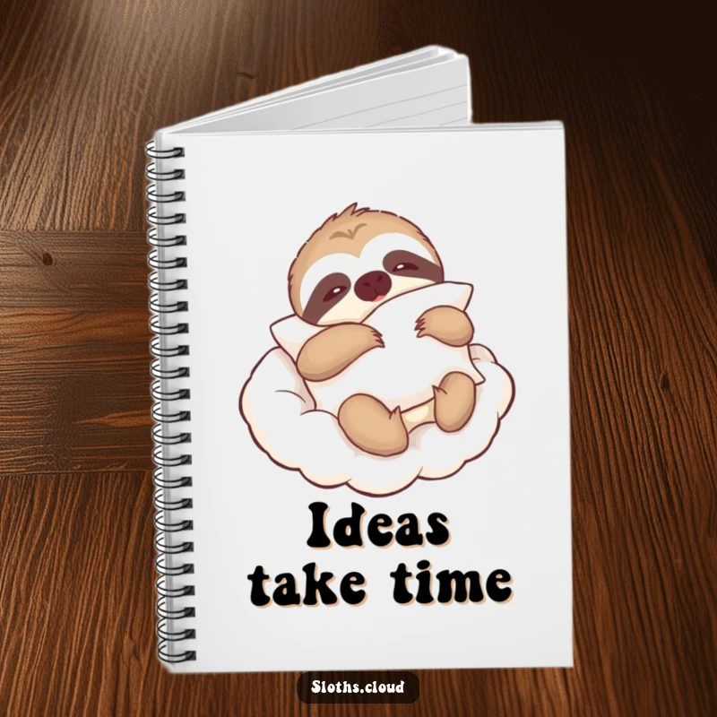 Funny notebook with a lazy sloth holding a pillow, floating on a cloud, ideal for slow thoughts and relaxation notes.
