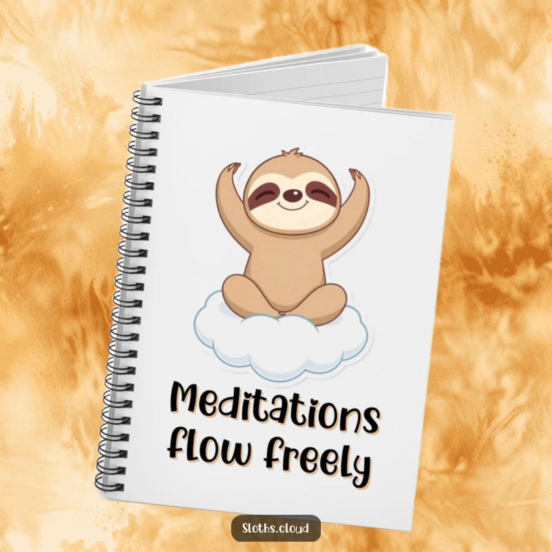 Funny sloth character in a gentle yoga pose on a cloud, with space for notes, making for a humorous and calming notebook cover.