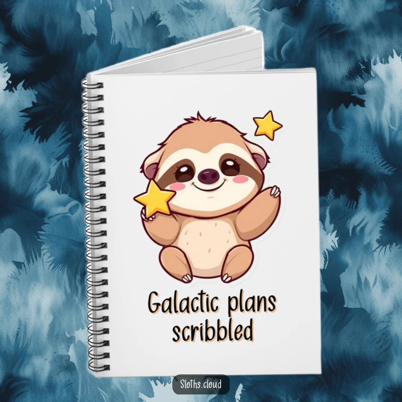 Funny kawaii sloth notebook with a cute sloth grinning silly while tossing a star, perfect for writing happy thoughts.