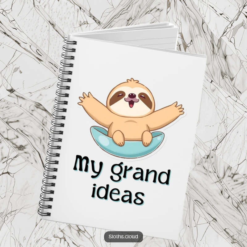 Funny notebook with a happy sloth with arms spread wide, leisurely floating, perfect for jotting down notes with a humorous theme.