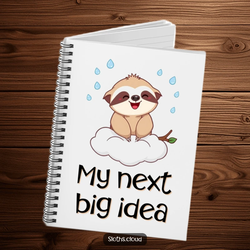 Funny notebook with a delightful sloth character juggling miniature raindrops while perched on a cloud, inspiring imaginative writing.