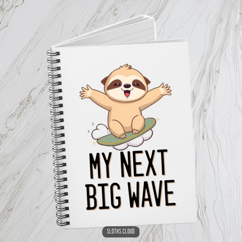 Funny notebook with an adventurous sloth character surfing on a cloud, arms outstretched, inspiring bold writing and creative exploration.