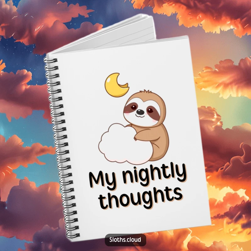 Funny notebook features a sloth and a smiling moon sharing a cloud, perfect for journaling.
