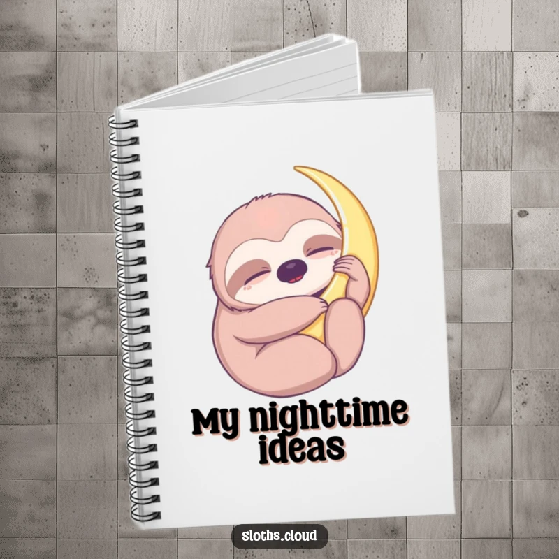 Funny notebook showcasing a sloth hugging a crescent moon, ideal for journaling and note-taking with a touch of peaceful, dreamy charm.