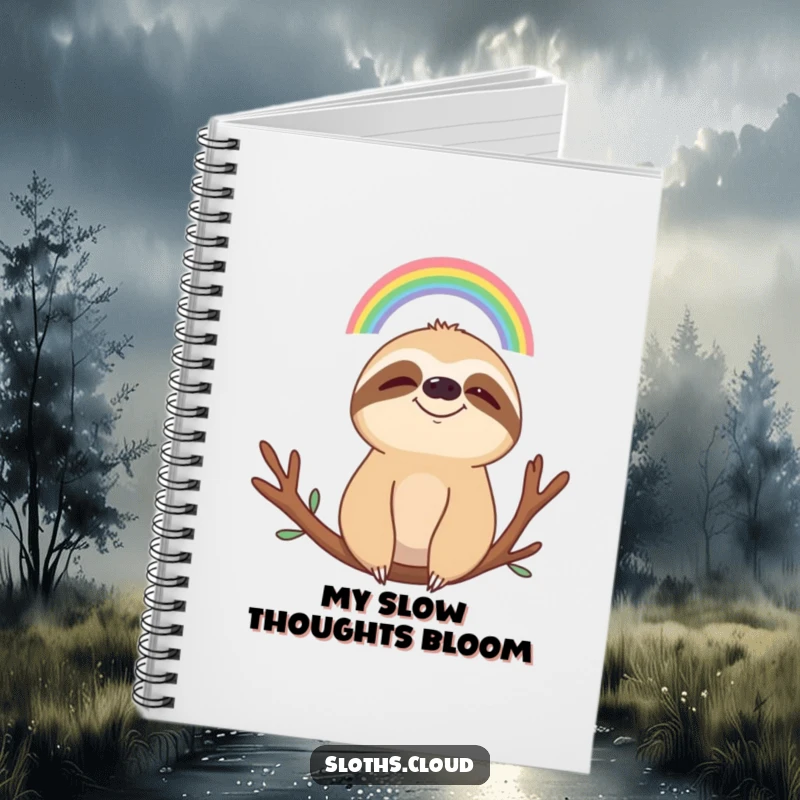 Funny notebook cover with a smiling sloth peacefully watching a small rainbow, symbolizing calm thoughts and humorous creativity.
