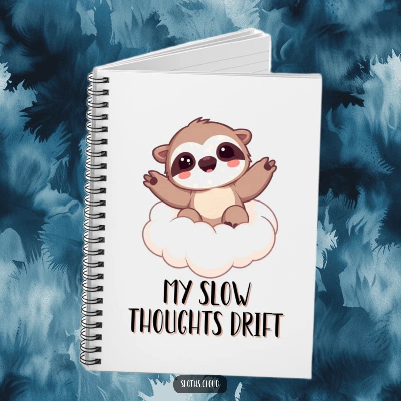 Funny notebook showcasing a kawaii sloth waving from a cloud, ideal for journaling and note-taking with a touch of whimsical charm.