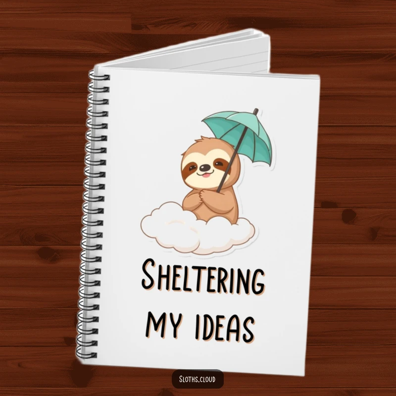 Funny sloth character holding a tiny umbrella on a cloud, with space for notes, making for a humorous and whimsical notebook cover.