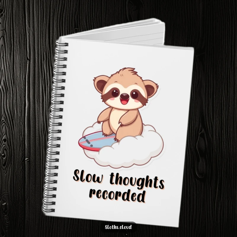 Funny kawaii sloth notebook featuring a cute sloth surfing on a cloud, perfect for journaling creative thoughts and aspirations.